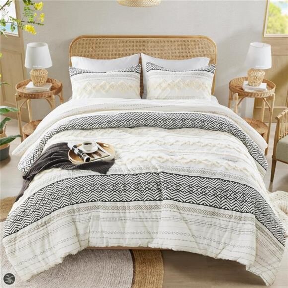 Farmhouse Bedding Comforter Sets, Ivory Full/Queen Size Boho Bed Set,Cotton - Picture 3 of 7